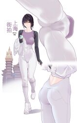 Rule 34 | 1girl, absurdres, ass, back cutout, black hair, breasts, brown eyes, closed mouth, clothing cutout, commentary request, from below, full body, high-waist pants, highres, hitomi o, holding, holding phone, lips, long hair, long sleeves, looking at viewer, low ponytail, lower body, medium breasts, multiple views, original, pants, phone, purple shirt, shirt, simple background, skin tight, standing, white background, white footwear, white pants