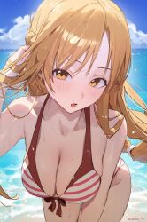 Rule 34 | 1girl, adjusting hair, asuna (sao), beach, bikini, braid, breasts, brown eyes, brown hair, cleavage, collarbone, french braid, front-tie bikini top, front-tie top, halterneck, highres, large breasts, leaning forward, light blush, long hair, looking at viewer, open mouth, outdoors, red bikini, solo, sooon, striped bikini, striped clothes, swimsuit, sword art online, twitter username, wallpaper, wet