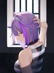 Rule 34 | 1girl, absurdres, animal ear fluff, animal ears, arm behind head, arm up, bare arms, bare shoulders, black choker, breasts, cat ears, choker, ear piercing, from side, hair between eyes, hand on own head, highres, hololive, medium breasts, multicolored hair, nail polish, nekomata okayu, parted lips, piercing, purple eyes, purple hair, purple nails, shirt, short hair, sideways glance, sleeveless, sleeveless shirt, solo, stoner08, streaked hair, striped clothes, striped shirt, tank top, upper body, virtual youtuber