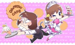 Rule 34 | 10s, 1boy, 1girl, ;q, apron, bad id, bad twitter id, border, brown eyes, brown hair, buck teeth, coffee mug, cookie, cup, facial hair, food, heart, iyami, lace, lace border, maid, maid apron, maid headdress, matsumoto (5okuen), mug, mustache, one eye closed, ornate border, osomatsu-kun, osomatsu-san, osomatsu (series), parfait, pink background, short twintails, smile, teeth, tongue, tongue out, tray, tripping, twintails, twitter username, waiter, yowai totoko