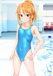 Rule 34 | 1girl, absurdres, aqua one-piece swimsuit, breasts, brown eyes, commentary request, competition swimsuit, covered navel, feet out of frame, hand on own hip, highleg, highleg swimsuit, highres, idolmaster, idolmaster cinderella girls, idolmaster cinderella girls u149, long hair, looking at viewer, one-piece swimsuit, orange hair, photo background, ponytail, pool, poolside, sidelocks, small breasts, solo, swimsuit, takafumi, yuuki haru