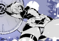 Rule 34 | 1girl, armor, armpits, arms up, black gloves, cameltoe, clothing cutout, elbow gloves, fate/grand order, fate (series), from below, full moon, gloves, hair over one eye, highleg, highleg leotard, kojima saya, leotard, mash kyrielight, microskirt, moon, navel, navel cutout, night, open mouth, shield, skirt, solo, thigh strap
