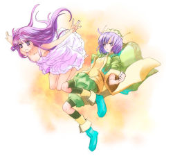 Rule 34 | 2girls, armpits, bare shoulders, black socks, blunt bangs, boots, dress, expressionless, full body, green dress, kneehighs, long hair, long sleeves, looking at viewer, multiple girls, nanami sano, original, outstretched arms, pants, pink dress, purple eyes, purple hair, rubber boots, short hair, sleeveless, sleeveless dress, socks, very long hair