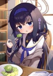 Rule 34 | 1girl, backlighting, bags under eyes, black hair, blue archive, blue eyes, blue neckerchief, blue ribbon, blush, book, bookshelf, cardigan, eating, food, fork, fruit, hair ribbon, hairband, halo, highres, indoors, jewelry, jitome, kiwi (fruit), kiwi slice, library, long sleeves, looking at viewer, low twintails, messy hair, neckerchief, necklace, open mouth, ribbon, sailor collar, shirt, sleeves past wrists, solo, sweater, table, turtleneck, turtleneck sweater, twintails, ui (blue archive), waon (43ctw), white sailor collar, white shirt, window