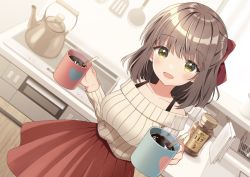 Rule 34 | 1girl, bare shoulders, blush, bow, breasts, brown hair, cleavage, coffee, coffee cup, collarbone, cup, disposable cup, green eyes, hair bow, hair ribbon, kitchen, looking at viewer, medium breasts, open mouth, original, ribbon, skirt, smile, solo, uramakaron