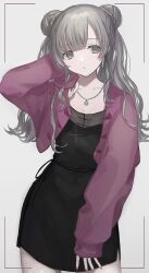 Rule 34 | 1girl, black dress, blush, bow, braid, breasts, cleavage, collarbone, cowboy shot, dot nose, double bun, dress, grey background, grey hair, hair bun, hand on own face, hand up, highres, idolmaster, idolmaster shiny colors, jacket, jewelry, long hair, long sleeves, looking at viewer, medium breasts, nashiamengo, necklace, open clothes, open jacket, open mouth, parted lips, pink nails, purple eyes, red jacket, side slit, sidelocks, simple background, solo, twin braids, twintails, waist bow, yukoku kiriko