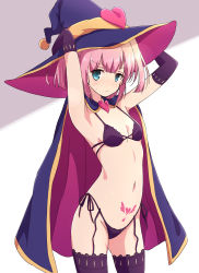 Rule 34 | 1girl, aqua eyes, armpits, arms behind head, black bra, black panties, black thighhighs, blue cape, blue hat, blunt bangs, blush, bra, breasts, cape, chiyoda momo, closed mouth, garter straps, halloween, hat, heart, highres, looking at viewer, machikado mazoku, mel (melty pot), panties, pink hair, pubic tattoo, short hair, side-tie panties, small breasts, solo, stomach tattoo, tattoo, thighhighs, underwear, underwear only, witch hat