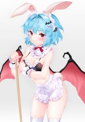 Rule 34 | 1girl, absurdres, alternate costume, animal ears, apron, arm under breasts, bad id, bad twitter id, bat hair ornament, bat wings, black bra, blue hair, blush, bra, breasts, cane, cleavage, clenched teeth, commentary request, contrapposto, cowboy shot, detached collar, fake animal ears, fake tail, gradient background, grey background, hair between eyes, hair intakes, hair ornament, highres, holding, holding cane, looking at viewer, maid headdress, meteor (yamashou), nail polish, rabbit ears, rabbit tail, red eyes, red nails, remilia scarlet, short hair, simple background, small breasts, solo, tail, teeth, thighhighs, touhou, underwear, v-shaped eyebrows, white apron, white headwear, white thighhighs, wings, wrist cuffs, x hair ornament