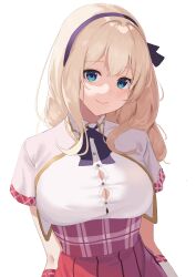 Rule 34 | 1girl, absurdres, azur lane, blonde hair, blue eyes, bow, bowtie, breasts, button gap, cleavage, closed mouth, commentary request, cropped jacket, daily (daily178900), hair between eyes, hairband, high-waist skirt, highres, jacket, large breasts, leander (azur lane), leander (retrofit) (azur lane), looking at viewer, plaid, plaid skirt, purple hairband, red bow, red bowtie, red skirt, shirt, short sleeves, simple background, skirt, smile, solo, white background, white jacket, white shirt