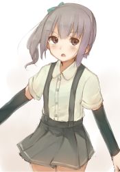 Rule 34 | 10s, 1girl, blush, bow, brown eyes, dress shirt, gradient background, grey hair, grey skirt, hair bow, kantai collection, kasumi (kancolle), long hair, looking away, open mouth, otoharu, pleated skirt, shirt, short sleeves, side ponytail, skirt, solo, suspenders