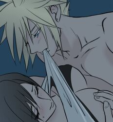 Rule 34 | 1boy, 1girl, bare shoulders, black hair, black sports bra, blonde hair, blue background, blue eyes, blush, boy on top, breasts, close-up, closed mouth, clothes in mouth, clothes lift, cloud strife, collarbone, couple, covering privates, covering breasts, earrings, final fantasy, final fantasy vii, final fantasy vii remake, hand on own chest, hetero, indoors, jewelry, large breasts, looking at another, mapcvt, mouth hold, shirt in mouth, shirt lift, spiked hair, sports bra, square enix, stud earrings, sweatdrop, swept bangs, tank top, tifa lockhart, topless male, underboob, white tank top