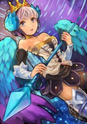 Rule 34 | 1girl, arm warmers, armor, armored dress, bare shoulders, blue background, blue eyes, boots, choker, crown, gradient background, gwendolyn (odin sphere), multicolored wings, odin sphere, polearm, pteruges, purple background, short hair, skirt, solo, soraao (aokabi), spear, thigh boots, thighhighs, weapon, white hair, wings