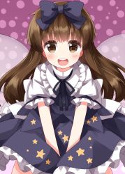 Rule 34 | 1girl, back bow, blue bow, blue dress, blue ribbon, blunt bangs, bow, brown eyes, brown hair, collared shirt, dress, fairy, fairy wings, frilled dress, frilled shirt collar, frills, hair bow, happy, highres, long hair, looking at viewer, neck ribbon, one-hour drawing challenge, open mouth, pinafore dress, polka dot, polka dot background, puffy short sleeves, puffy sleeves, purple background, ribbon, ruu (tksymkw), shirt, short sleeves, sidelocks, simple background, sleeveless dress, solo, star (symbol), star print, star sapphire, teeth, touhou, upper teeth only, very long hair, waist bow, white shirt, wings