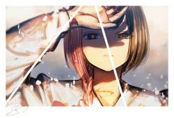 Rule 34 | 1girl, abstract background, blue eyes, blurry, blurry background, border, braid, brown eyes, brown hair, closed mouth, commentary, expressionless, frown, grey background, hair over shoulder, half-closed eyes, hand up, heterochromia, isshiki (ffmania7), kaf (kamitsubaki studio), kamitsubaki studio, long hair, long sleeves, looking at viewer, multicolored eyes, portrait, red eyes, shading eyes, shadow, shirt, signature, single braid, split theme, symbol-only commentary, virtual youtuber, white border, white shirt, yellow pupils
