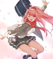 Rule 34 | 10s, 1girl, alternate eye color, bag, black footwear, blunt bangs, breasts, darling in the franxx, floating, foot out of frame, grey jacket, hairband, hana mori, highres, horns, jacket, jumping, kneehighs, long hair, long sleeves, looking at viewer, medium breasts, one eye closed, open mouth, outstretched arms, petals, pink background, pink hair, red eyes, red neckwear, red scarf, scarf, school, school bag, school uniform, shirt, socks, solo, thighs, white background, white hairband, white shirt, zero two (darling in the franxx)
