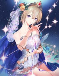 Rule 34 | 1girl, bare shoulders, collarbone, commentary request, dress, europa (granblue fantasy), flower, granblue fantasy, hair between eyes, hair flower, hair ornament, highres, light brown hair, looking at hand, nail polish, plant, purple eyes, purple nails, ryokucha (i cobalt), short dress, short hair, sitting, sky, solo, sparkle, star (sky), starry sky, strapless, strapless dress, tiara, vines, whit dress