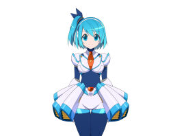 Rule 34 | 1girl, android, armor, blue bodysuit, blue eyes, blue hair, bodysuit, breasts, closed mouth, commentary request, hair ornament, joints, kaidou zx, long hair, looking at viewer, medium breasts, mega man (series), mega man x (series), mega man x dive, ponytail, rico (mega man), robot joints, shorts, side ponytail, skin tight, smile, solo, white background