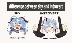 Rule 34 | 2girls, bell, blue eyes, blue hair, blush, comparison, difference between shy and introvert (meme), double middle finger, earrings, english text, ganyu (genshin impact), genshin impact, gloves, goat horns, grey hair, hair over one eye, horns, jewelry, long hair, looking at viewer, low ponytail, meme, middle finger, multiple girls, neck bell, nose blush, partially fingerless gloves, rilu (riumuowo), shenhe (genshin impact), shy, tassel, tassel earrings