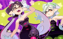 Rule 34 | 2girls, bare arms, black dress, black hair, black jumpsuit, black unitard, bow-shaped hair, breasts, callie (splatoon), cleavage, cousins, detached collar, dress, earrings, fangs, flipped hair, food, food on head, gloves, gluteal fold, green pantyhose, grey hair, hoop earrings, inkling, jewelry, jumpsuit, marie (splatoon), mimimimiguchan, mole, mole under eye, multiple girls, nintendo, object on head, pantyhose, pink pantyhose, short dress, short jumpsuit, short ponytail, shorts under dress, small breasts, splatoon (series), squid girl, strapless, strapless dress, sushi, swept bangs, tentacle hair, thick eyebrows, twintails, white gloves, yellow eyes