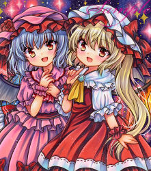 Rule 34 | 2girls, :d, ascot, bat wings, blonde hair, blue hair, blush, bow, brooch, commentary request, cowboy shot, dress, dress bow, fang, flandre scarlet, flower, frilled dress, frills, hat, hat bow, hat flower, index finger raised, jewelry, long hair, looking at viewer, marker (medium), medium hair, mob cap, multiple girls, open mouth, own hands together, partial commentary, pink dress, pink headwear, puffy short sleeves, puffy sleeves, red ascot, red bow, red dress, red eyes, red flower, red rose, remilia scarlet, rose, rui (sugar3), sample watermark, short sleeves, siblings, side ponytail, sisters, smile, sparkle, standing, touhou, traditional media, watermark, white headwear, white sleeves, wings, wrist cuffs, yellow ascot