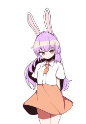 Rule 34 | 1girl, absurdres, animal ears, arm behind head, blush, breasts, closed mouth, commentary request, cowboy shot, hair between eyes, hh, highres, long hair, looking at viewer, miniskirt, necktie, orange necktie, orange skirt, purple hair, rabbit ears, red eyes, reisen udongein inaba, shirt, short necktie, short sleeves, simple background, skirt, smile, solo, standing, touhou, white background, white shirt