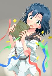 Rule 34 | 10s, 1girl, blue hair, blush, book, confetti, hige (com), holding, holding book, idolmaster, idolmaster million live!, looking at viewer, nanao yuriko, open mouth, short hair, solo, streamers, wavy mouth, yellow eyes