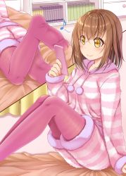 Rule 34 | 1girl, arm at side, ashida machi, bed, bed sheet, blush, book, brown hair, cellphone, closed mouth, comic, drawstring, foreshortening, from behind, gurande (g-size), hair down, happy, highres, holding, holding phone, hoodie, indoors, knees up, leg up, long sleeves, looking at phone, musical note, on bed, original, out of frame, pajamas, pantyhose, phone, pink pantyhose, pom pom (clothes), quaver, shelf, short hair, silent comic, sitting, sleeves past wrists, smartphone, soles, striped, striped clothes, striped hoodie, tareme, yellow eyes