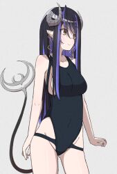 Rule 34 | 1girl, nanashi inc., black hair, blush, breasts, brown eyes, closed mouth, collarbone, commentary request, competition swimsuit, contrapposto, cowboy shot, curled horns, demon girl, demon horns, earrings, grey background, grey horns, hair between eyes, hebiyoi tier, highres, horns, jewelry, kusha (madoukusya12), large breasts, long hair, looking afar, looking to the side, multicolored hair, one-piece swimsuit, pointy ears, sideboob, sidelocks, simple background, smile, solo, sugar lyric, swimsuit, two-tone hair, virtual youtuber
