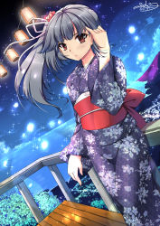 Rule 34 | 10s, 1girl, adjusting hair, alternate costume, blush, commentary, food, grey hair, hair between eyes, ham, hand in own hair, highres, japanese clothes, kantai collection, kasumi (kancolle), kimono, looking at viewer, outdoors, red eyes, sheita, side ponytail, sky, solo, star (sky), starry sky, yukata