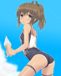 Rule 34 | 1girl, ass, bare arms, bare shoulders, black one-piece swimsuit, blue sky, breasts, brown eyes, cloud, contrail, day, food, from side, highres, holding, holding food, i-401 (kancolle), ice cream, ice cream cone, kantai collection, leaning forward, legs apart, looking at viewer, looking to the side, noveske n4, one-piece swimsuit, orange sailor collar, ponytail, ribbon, sailor collar, school swimsuit, shirt, short hair, sidelocks, sky, sleeveless, sleeveless shirt, small breasts, solo, standing, swimsuit, swimsuit under clothes, tare (tonikaku magaru), thigh strap, white ribbon, white shirt