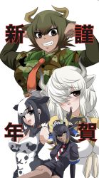 Rule 34 | &gt;:), 4girls, animal ears, arm support, arms up, aurochs (kemono friends), bare legs, bare shoulders, black hair, black horns, blonde hair, blue eyes, bow, bowtie, breasts, broken horn, brown eyes, brown hair, camouflage, camouflage shirt, chinese zodiac, cleavage, closed mouth, collared shirt, cow ears, cow horns, dark-skinned female, dark skin, empty eyes, extra ears, finger to mouth, flexing, gloves, goshingyu-sama (kemono friends), green hair, grey horns, grin, hair over one eye, head tilt, highres, holstein friesian cattle (kemono friends), horizontal pupils, horns, jacket, kemono friends, large breasts, layered sleeves, leaning to the side, long hair, long sleeves, looking at viewer, microskirt, multicolored hair, multicolored horns, multiple girls, neck ribbon, necktie, okobo, open mouth, ox ears, ox girl, ox horns, parted bangs, pleated skirt, ribbon, saijouji reika, sandals, shirt, short over long sleeves, short sleeves, sidelocks, simple background, sitting, skirt, sleeveless, smile, teeth, two-tone hair, two-tone neckwear, upper body, v-shaped eyebrows, white background, white hair, wing collar, yak (kemono friends), year of the ox, yellow eyes, yellow horns, yellow shirt