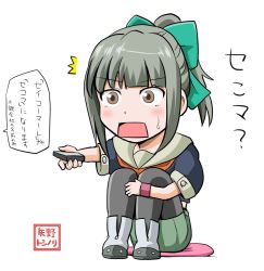 Rule 34 | 10s, blunt bangs, boots, brown eyes, chibi, commentary request, controller, folded ponytail, green hair, hair ribbon, kantai collection, knees up, neckerchief, pantyhose, remote control, ribbon, school uniform, serafuku, short sleeves, sidelocks, solo, sweatdrop, translation request, wide-eyed, yano toshinori, yuubari (kancolle)