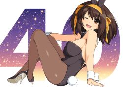 Rule 34 | 1girl, animal ears, arm support, bare shoulders, black footwear, black leotard, breasts, brown eyes, brown hair, commentary request, detached collar, fake animal ears, from side, full body, hairband, haruhisky, high heels, leotard, looking at viewer, medium breasts, one eye closed, open mouth, pantyhose, playboy bunny, rabbit ears, rabbit tail, shiny clothes, shiny skin, short hair, simple background, sitting, smile, solo, strapless, strapless leotard, suzumiya haruhi, suzumiya haruhi no yuuutsu, tail, wrist cuffs