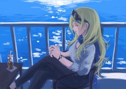 Rule 34 | 1girl, blonde hair, blue eyes, commentary, denim, drink, english commentary, feet out of frame, glass, hair between eyes, high-waist pants, highres, jeans, kantai collection, long hair, mole, mole under eye, pants, railing, richelieu (kancolle), shirt, sitting, solo, table, vent arbre, watch, water, white shirt, wristwatch