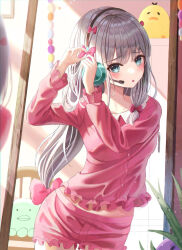 Rule 34 | 1girl, aqua eyes, blurry, blush, bow, commentary, day, depth of field, dressing, ellaje, eromanga sensei, eyes visible through hair, floating hair, frilled pajamas, frilled sleeves, frills, frown, grey hair, hair between eyes, hair bow, hands up, headset, highres, indoors, izumi sagiri, light rays, long hair, long sleeves, looking at mirror, looking at viewer, low-tied long hair, mirror, open mouth, pajamas, pink bow, pink pajamas, reflection, sidelighting, solo, sunbeam, sunlight, very long hair