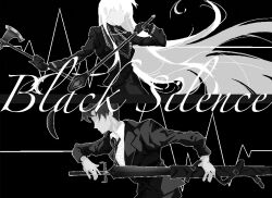 Rule 34 | 1boy, 1girl, angelica (project moon), axe, black gloves, black necktie, black sweater, collared shirt, formal, gloves, greyscale, highres, holding, holding axe, holding mace, holding sheath, holding sword, holding weapon, hua er, jewelry, library of ruina, long hair, monochrome, necklace, necktie, project moon, ribbed sweater, roland (project moon), sheath, shirt, suit, sweater, sword, turtleneck, turtleneck sweater, unsheathing, very long hair, weapon, white shirt
