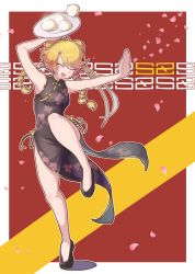 Rule 34 | 1girl, :d, absurdres, alternate costume, alternate hairstyle, arm up, armpits, baozi, black dress, black footwear, blonde hair, blush, braid, character name, china dress, chinese clothes, closed eyes, commentary request, cookie (touhou), double bun, dress, food, full body, hair bun, high heels, highres, holding, holding plate, kirisame marisa, kitsune kemono, long hair, open mouth, petals, plate, smile, solo, standing, standing on one leg, suzu (cookie), touhou, twin braids, |d