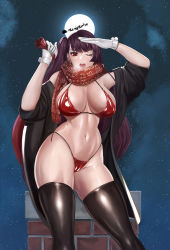 Rule 34 | 1girl, absurdres, alternate breast size, alternate costume, asymmetrical hair, bag, bag behind back, bikini, black jacket, black thighhighs, breasts, cameltoe, christmas, curvy, feet out of frame, gcg, girls&#039; frontline, gloves, highres, holding, holding bag, jacket, large breasts, lips, long hair, looking at viewer, moon, navel, night, night sky, one eye closed, open clothes, open jacket, open mouth, purple hair, red bikini, red eyes, red scarf, salute, santa bikini, scarf, side-tie bikini bottom, side ponytail, skindentation, sky, solo, standing, swimsuit, thick thighs, thighhighs, thighs, wa2000 (girls&#039; frontline), white gloves