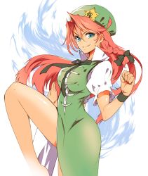 Rule 34 | 1girl, absurdres, blue eyes, braid, chinese clothes, dress, green dress, green hat, hair between eyes, hat, hat ornament, highres, hong meiling, ichizen (o tori), long hair, one-hour drawing challenge, red hair, shirt, short sleeves, simple background, smile, solo, star (symbol), star hat ornament, touhou, twin braids, white background, white shirt