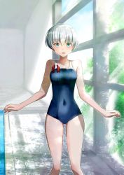 Rule 34 | 1girl, alternate breast size, alternate costume, blue eyes, blue one-piece swimsuit, breasts, collarbone, commission, competition school swimsuit, competition swimsuit, covered navel, cowboy shot, grey hair, hair between eyes, highres, indoors, kantai collection, kimura shiki, medium breasts, one-piece swimsuit, open mouth, pool, poolside, rei no pool, school swimsuit, short hair, skeb commission, smile, solo, sunlight, swimsuit, tree, two-tone swimsuit, water, window, z1 leberecht maass (kancolle)