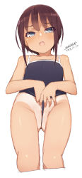 Rule 34 | 1girl, bare arms, bare shoulders, between labia, black one-piece swimsuit, blue eyes, blush, brown hair, commentary request, competition school swimsuit, cropped legs, dated, from below, frontal wedgie, groin, head tilt, looking at viewer, looking down, maze (gochama ze gohan), nose blush, one-piece swimsuit, one-piece tan, open mouth, original, partially visible vulva, round teeth, school swimsuit, shiny skin, sidelocks, signature, simple background, solo, standing, swimsuit, tan, tanline, teeth, upper teeth only, wedgie, white background