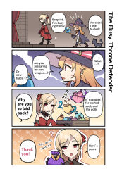 Rule 34 | 2girls, 4koma, bare shoulders, black cat, blonde hair, breasts, cape, cat, cleavage, comic, commentary, detached sleeves, dress, english commentary, english text, female focus, gloves, hair between eyes, hair ornament, hat, holding, little witch nobeta, long hair, looking at viewer, mixed-language commentary, multiple girls, nobeta, official art, open mouth, phyllis (cat) (little witch nobeta), phyllis (little witch nobeta), ponytail, profile, purple cape, red dress, red eyes, sidelocks, small breasts, speech bubble, strapless, strapless dress, thank you, vanessa (little witch nobeta)