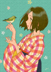 Rule 34 | 1girl, bird, bird on hand, blush, brown hair, commentary request, eyelashes, fingernails, floral background, hair ornament, hairclip, hands up, highres, japanese clothes, japanese white-eye, kimono, nail polish, open mouth, original, pink nails, retro artstyle, short hair, upper body, wedo