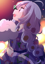 Rule 34 | 1girl, :o, ahoge, assault lily, blue bow, blunt bangs, blurry, blurry background, bow, braid, braided ponytail, commentary request, cotton candy, fingernails, floral print, flower, food, food on face, from side, grey hair, hair between eyes, hair bow, hair flower, hair ornament, hands up, honkawa works, japanese clothes, kimono, light particles, long hair, long sleeves, looking away, looking up, low ponytail, miriam hildegard von gropius, night, obi, official alternate costume, official alternate hairstyle, open mouth, outdoors, pink eyes, pink flower, pink rose, print kimono, profile, purple kimono, rose, sash, single braid, sleeves past wrists, solo, standing, striped clothes, striped kimono, upper body, vertical-striped clothes, vertical-striped kimono, wide sleeves, yellow flower, yellow rose, yukata