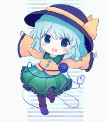 Rule 34 | 1girl, :d, ankle boots, black hat, blue eyes, blue hair, blush stickers, boots, chibi, floral print, frilled shirt collar, frilled skirt, frilled sleeves, frills, full body, green skirt, hat, hat ribbon, heart, heart of string, komeiji koishi, leg up, long sleeves, looking at viewer, medium skirt, open mouth, outstretched arms, print skirt, purple footwear, rei (tonbo0430), ribbon, rose print, shirt, short hair, skirt, smile, solo, spread arms, standing, standing on one leg, striped, striped background, tareme, third eye, touhou, wide sleeves, yellow ribbon, yellow shirt