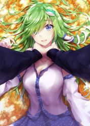 Rule 34 | 1girl, autumn leaves, blouse, blue eyes, blue skirt, breasts, commentary request, dappled sunlight, detached sleeves, frog hair ornament, green hair, hair ornament, hair over one eye, hair tubes, highres, keke-san, kochiya sanae, leaf, long sleeves, looking at viewer, lying, medium breasts, on back, outdoors, parted lips, shirt, skirt, sleeveless, sleeveless shirt, smile, snake hair ornament, solo focus, strangling, sunlight, tears, touhou, white shirt