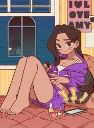 Rule 34 | 2girls, amelia lee, barefoot, bed, breasts, brown eyes, brown hair, camilla (i love amy), cellphone, cleavage, closed mouth, copyright name, cropped hoodie, dark-skinned female, dark skin, full body, highres, hood, hoodie, i love amy, indoors, long hair, looking at viewer, medium breasts, mole, mole on breast, multiple girls, nail polish, painting nails, phone, purple hoodie, purple nails, purple shorts, reclining, shorts, smile, solo focus, unn1666, window