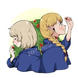 Rule 34 | 2girls, artist name, back-to-back, berry, blonde hair, blue robe, braid, choker, closed eyes, dungeon meshi, edomon-do, elf, falin touden, falin touden (tallman), food, from side, green eyes, grey hair, highres, holding, holding food, hooded robe, long hair, marcille donato, multiple girls, pointy ears, red choker, robe, short hair, simple background, smile, upper body, watermark, white background