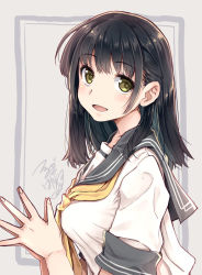 Rule 34 | 1girl, artist name, black hair, blush, breasts, dated, from side, grey background, large breasts, looking at viewer, neckerchief, open mouth, original, own hands together, school uniform, serafuku, short sleeves, sidelocks, signature, smile, solo, tsurugi hagane, yellow eyes