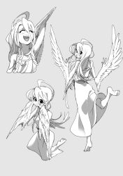 Rule 34 | 1girl, :t, ahoge, barefoot, double v, dress, closed eyes, feathered wings, feet, female focus, greyscale, hair between eyes, harpy, highres, kneeling, long hair, monochrome, monster girl, mutouki, open mouth, original, smile, solo, standing, standing on one leg, teeth, toes, v, waving, wings